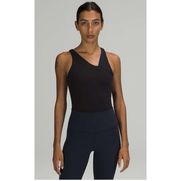 lululemon athletica Tops - Lululemon Nulu Asymmetrical Bodysuit Black True Navy Size 8 Buttery Soft Yoga